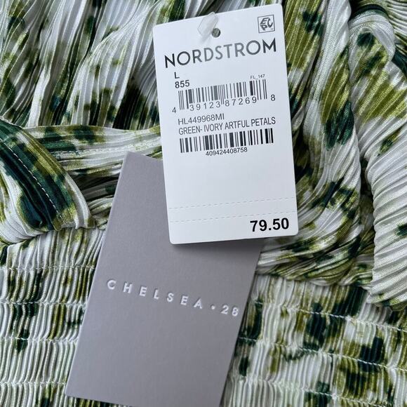 Chelsea28 Flutter Sleeve Plissé Midi Green Ivory Dress NWT Nordstrom - Large - Picture 5 of 12